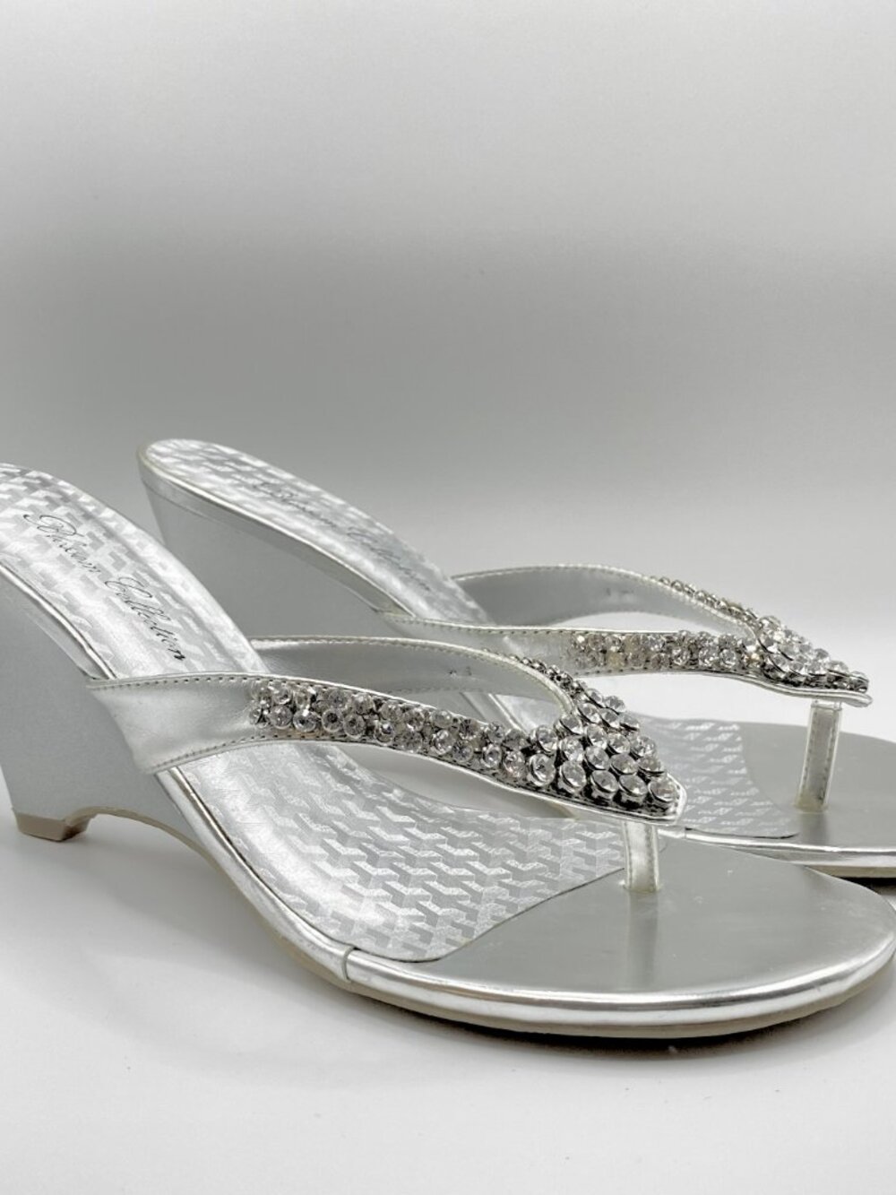 Blossom Collection Silver Crystal Strap Wedge Sandals Size 8